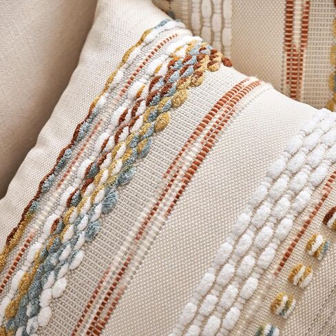 Aeckself Boho Throw Pillow Covers 18x18 Inch Set of 2, Farmhouse Decorative Striped Square Pillow Covers Chenille Tufted Pillow Cases Accent Neutral Pillowcase for Living Room Couch Bed, Orange White in Saudi Arabia