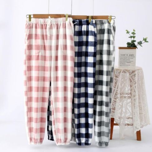Womens Fuzzy Pajama Pants Warm Flannel Pj Bottoms Cute Plaid Sleepwear Pant Cozy Plush Sleep Pants in Saudi Arabia