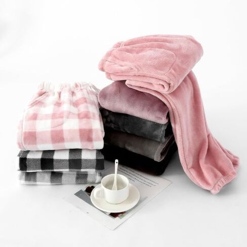 Womens Fuzzy Pajama Pants Warm Flannel Pj Bottoms Cute Plaid Sleepwear Pant Cozy Plush Sleep Pants in Saudi Arabia
