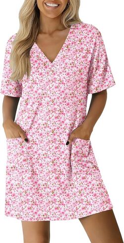 Ekouaer Nightgowns for Women Short Sleeve Sleep Shirt V Neck Night Gown With Pockets Soft Pajamas Dress Casual Sleepwear in Saudi Arabia
