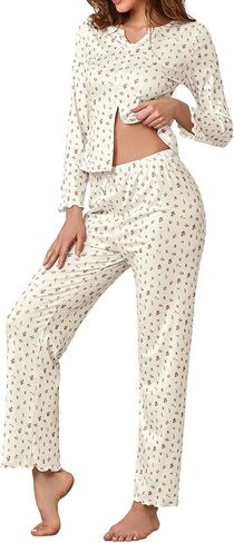 Women's Pajama 2 Piece Sets V-neck Lounge sets Cute Floral Print Loungewear Soft Long sleeve Pjs Button-Down Sleepwear S-XL in Saudi Arabia