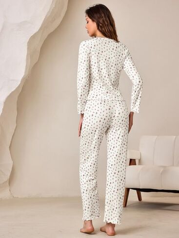 Women's Pajama 2 Piece Sets V-neck Lounge sets Cute Floral Print Loungewear Soft Long sleeve Pjs Button-Down Sleepwear S-XL in Saudi Arabia