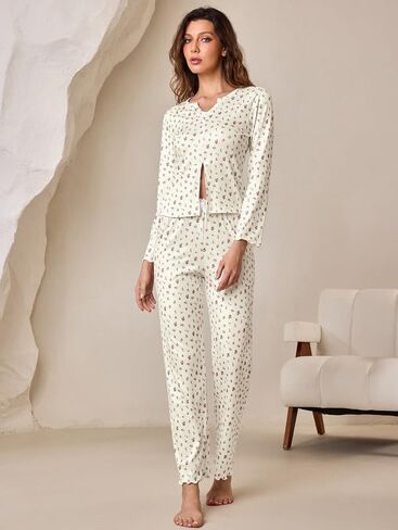 Women's Pajama 2 Piece Sets V-neck Lounge sets Cute Floral Print Loungewear Soft Long sleeve Pjs Button-Down Sleepwear S-XL in Saudi Arabia