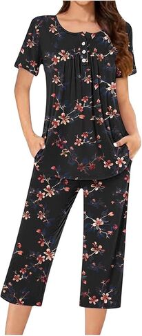 Sleepwear Sets for Women Short Sleeve Cute Pajama Set Floral Graphic Capris Button Up Pajamas Outfits with Pocket in Saudi Arabia