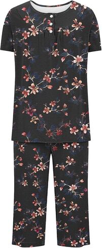 Sleepwear Sets for Women Short Sleeve Cute Pajama Set Floral Graphic Capris Button Up Pajamas Outfits with Pocket in Saudi Arabia