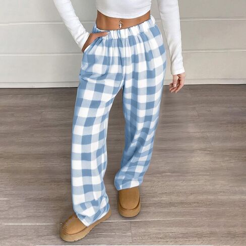 Womens Flannel Plaid Pajama Pants Soft Wide Leg Baggy Style with Elastic Waist Cute Pockets in Saudi Arabia