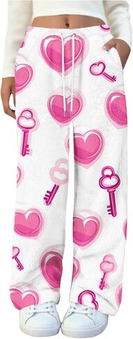 Flannel Pajama Pants Women Drawstring Stretch Heart Print Comfy Lounge Pant Fuzzy Sleep Bottoms with Pockets in Saudi Arabia