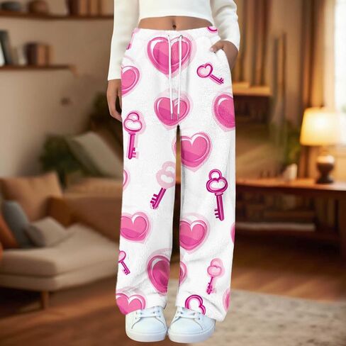 Flannel Pajama Pants Women Drawstring Stretch Heart Print Comfy Lounge Pant Fuzzy Sleep Bottoms with Pockets in Saudi Arabia