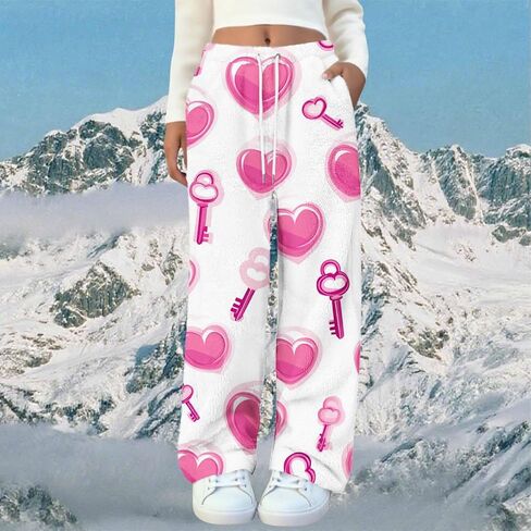 Flannel Pajama Pants Women Drawstring Stretch Heart Print Comfy Lounge Pant Fuzzy Sleep Bottoms with Pockets in Saudi Arabia