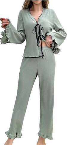 Long Sleeve Pajama Sets for Women 2 Piece Sleepwear Lace up Open Tie Front Top with Ruffle Hem Pants Pj Set Nightwear in Saudi Arabia