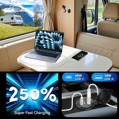 Acegoo 83W 12V USB Outlet PD 65W Type-C QC3.0 18W USB-A مقبس شحن سريع مزدوج المنفذ لأجهزة الكمبيوتر المحمول، ملحقات استبدال شاحن السيارة المقاومة للماء لشاحنة RV Camper Trailer Boat Truck Golf (2 قطعة) in Kuwait