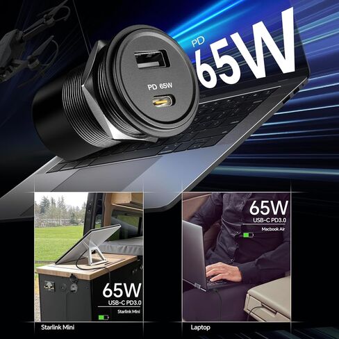 Acegoo 83W 12V USB Outlet PD 65W Type-C QC3.0 18W USB-A مقبس شحن سريع مزدوج المنفذ لأجهزة الكمبيوتر المحمول، ملحقات استبدال شاحن السيارة المقاومة للماء لشاحنة RV Camper Trailer Boat Truck Golf (2 قطعة) in Kuwait