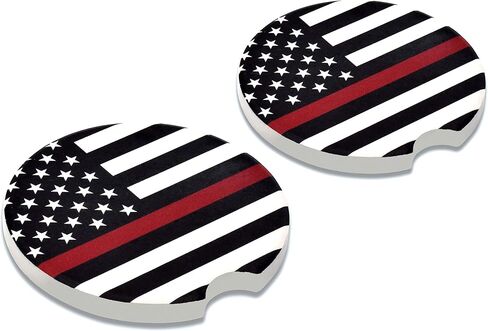 Elektroplate Firefighter Thin Red Line USA Flag Automotive Ceramic Coasters (2.6" Diameter) | Universal Fit for All Cars, Trucks, SUVs, and More | Absorbent Non-Slip Durable | Set of 2 in Saudi Arabia