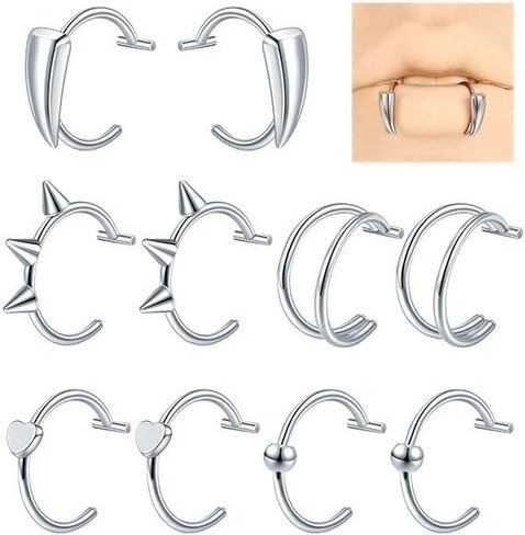 Xpircn 10 قطع حلقة شفاه وهمية لأسنان مصاصي الدماء، ثقب شفاه وهمي قابل للتعديل غير ثقب الشفاه الكفة الأذن أقراط الكفة الحاجز وهمية الأنف ثقب المجوهرات للنساء الرجال in Kuwait