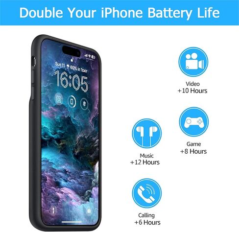 Battery Case for iPhone 16 Plus, [12000mAh] Enhanced Portable Protective Smart Qi Wireless Charger Case Battery Pack with CarPlay Wireless Charging Case Compatible for iPhone 16 Plus (6.7 inch)-Black in Saudi Arabia