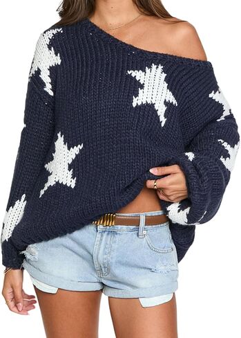 Women's Off The Shoulder Striped Sweaters Y2k Drop Shoulder Long Sleeve V-Neck Oversized Knit Pullover Tops in Kuwait