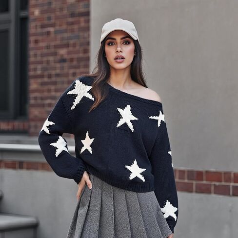 Women's Off The Shoulder Striped Sweaters Y2k Drop Shoulder Long Sleeve V-Neck Oversized Knit Pullover Tops in Kuwait