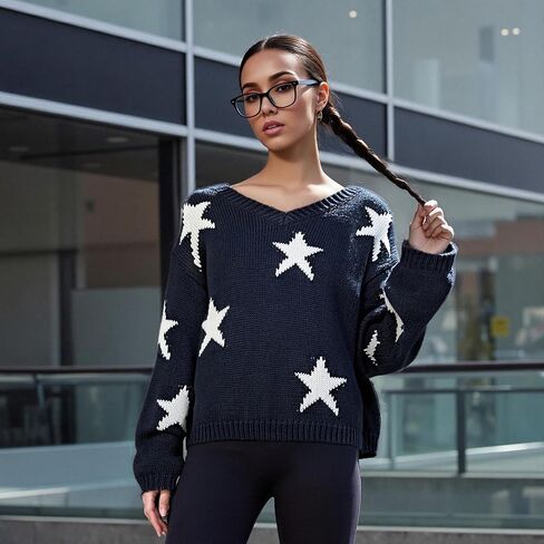Women's Off The Shoulder Striped Sweaters Y2k Drop Shoulder Long Sleeve V-Neck Oversized Knit Pullover Tops in Kuwait