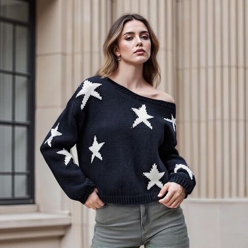 Women's Off The Shoulder Striped Sweaters Y2k Drop Shoulder Long Sleeve V-Neck Oversized Knit Pullover Tops in Kuwait