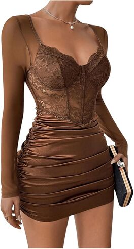 WDIRARA Women's Mesh Sleeve Satin Sexy Corset Mini Dress Party Ruched Bodycon Dresses in Saudi Arabia