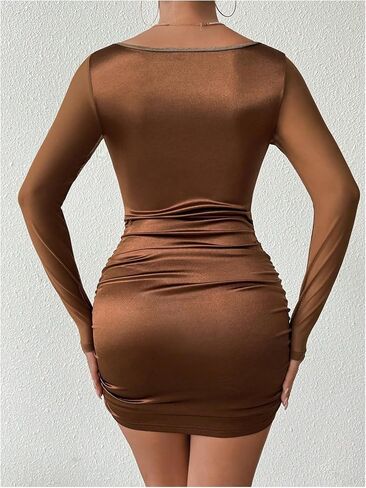 WDIRARA Women's Mesh Sleeve Satin Sexy Corset Mini Dress Party Ruched Bodycon Dresses in Saudi Arabia