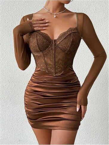 WDIRARA Women's Mesh Sleeve Satin Sexy Corset Mini Dress Party Ruched Bodycon Dresses in Saudi Arabia