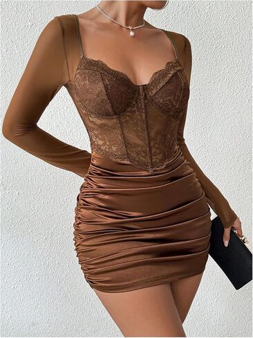 WDIRARA Women's Mesh Sleeve Satin Sexy Corset Mini Dress Party Ruched Bodycon Dresses in Saudi Arabia