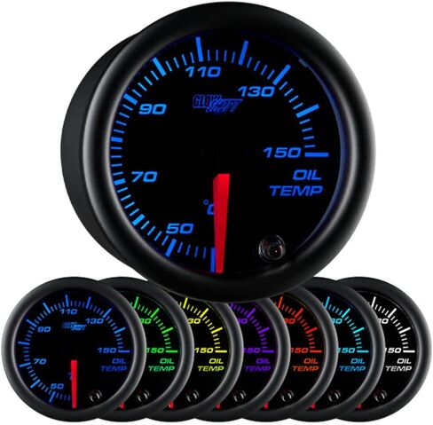 مجموعة قياس درجة حرارة الزيت GlowShift Black 7 ألوان 150 درجة مئوية - تتضمن مستشعرًا إلكترونيًا - قرص أسود - عدسة شفافة - للسيارة والشاحنات - 2-1/16 بوصة 52 مم in Saudi Arabia