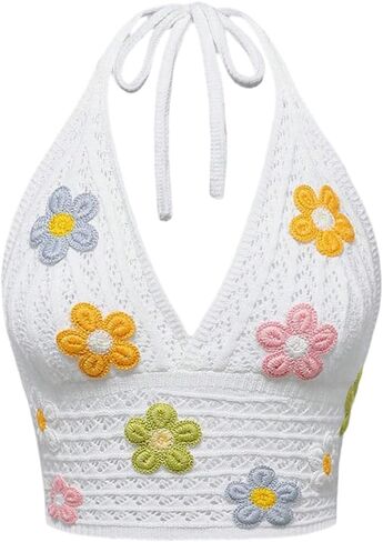Verdusa Women's Y2K Crochet Halter Crop Top Goth Clothes 70s Hippie Top Boho Floral Knit Cami Tank in Saudi Arabia
