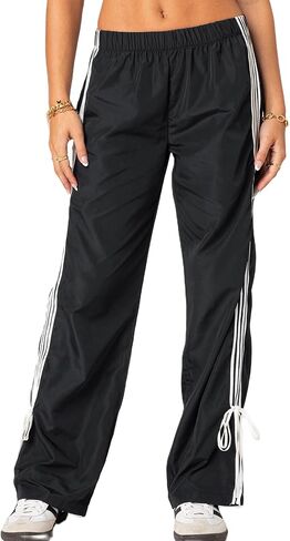 Women Striped Track Pants Elastic Waist Straight Leg Sweatpants Joggers Wide Leg Side Stripes Pants with Pockets in Kuwait