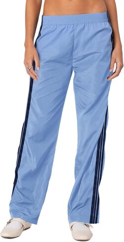 Women Striped Track Pants Elastic Waist Straight Leg Sweatpants Joggers Wide Leg Side Stripes Pants with Pockets in Kuwait