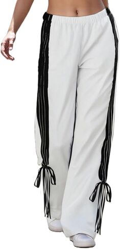 Women Striped Track Pants Elastic Waist Straight Leg Sweatpants Joggers Wide Leg Side Stripes Pants with Pockets in Kuwait