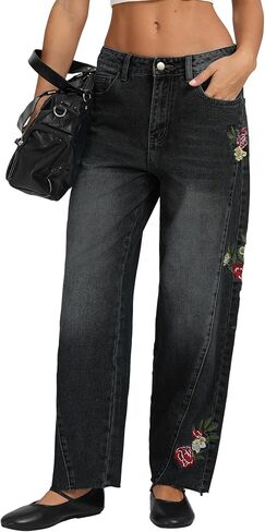 Kedera Mid Rise Barrel Jeans for Women Embroidered Wide Leg Denim Pants Boyfriend Baggy Jeans with Pockets 2025 in Saudi Arabia