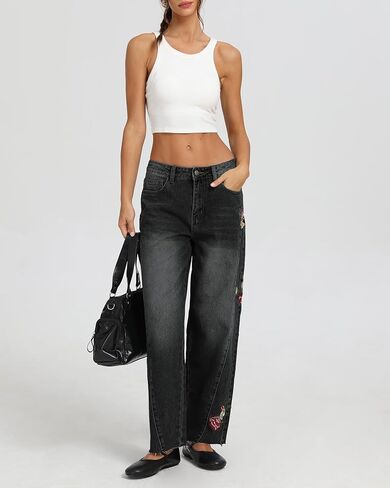 Kedera Mid Rise Barrel Jeans for Women Embroidered Wide Leg Denim Pants Boyfriend Baggy Jeans with Pockets 2025 in Saudi Arabia
