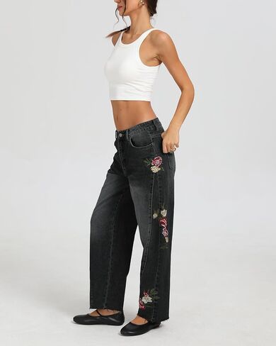 Kedera Mid Rise Barrel Jeans for Women Embroidered Wide Leg Denim Pants Boyfriend Baggy Jeans with Pockets 2025 in Saudi Arabia