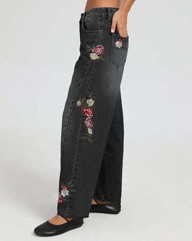 Kedera Mid Rise Barrel Jeans for Women Embroidered Wide Leg Denim Pants Boyfriend Baggy Jeans with Pockets 2025 in Saudi Arabia