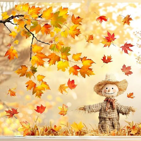 Fall Window Clings Maple Leaves Scarecrow Window Decals 1 Sheets Reusable Stickers for Autumn Thanksgiving Harvest Party Home Windows Glass Mirror Decor in Kuwait