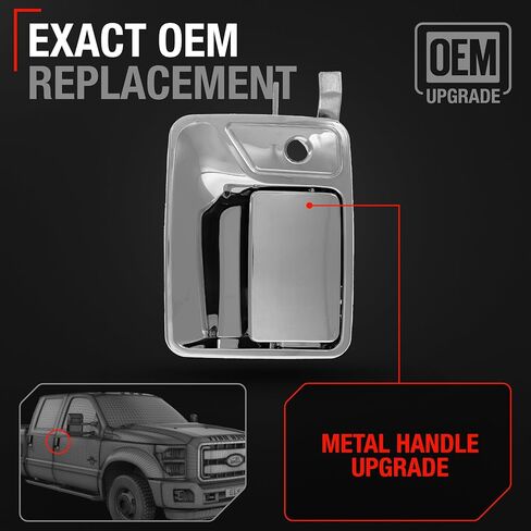 Exterior Front Passenger Door Handle, Upgraded Metal - Compatible with 1999-2016 Ford F-250 F-350 F-450 F-550 F-650 Super Duty; 00-05 Excursion - All Chrome w/ Keyhole - OEM 7C3Z-2522404-ACHMT, 79307 in Kuwait