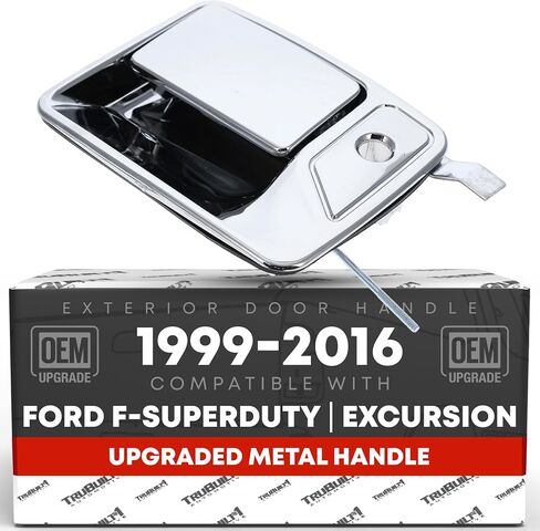Exterior Front Passenger Door Handle, Upgraded Metal - Compatible with 1999-2016 Ford F-250 F-350 F-450 F-550 F-650 Super Duty; 00-05 Excursion - All Chrome w/ Keyhole - OEM 7C3Z-2522404-ACHMT, 79307 in Kuwait