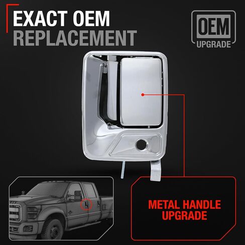 Exterior Front Passenger Door Handle, Upgraded Metal - Compatible with 1999-2016 Ford F-250 F-350 F-450 F-550 F-650 Super Duty; 00-05 Excursion - All Chrome w/ Keyhole - OEM 7C3Z-2522404-ACHMT, 79307 in Kuwait