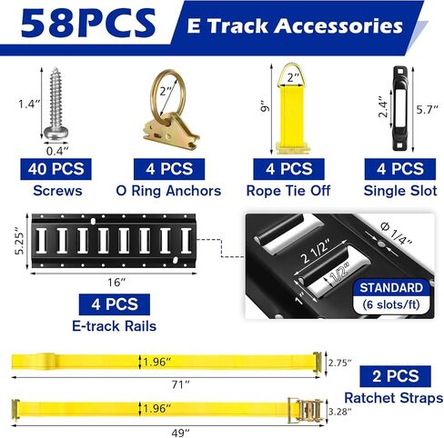 طقم قضبان ربط E Track 58 قطعة مع ملحقات - نظام قضبان Etrack مقاس 16 بوصة وأشرطة ربط المقطورة السقاطة وفتحات مفردة ومراسي حلقية فولاذية وربطات حبال لسرير الشاحنة والمقطورات in Saudi Arabia