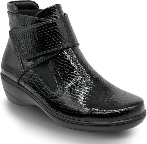 أحذية الكاحل النسائية المسطحة أحذية الكاحل السوداء الأنيقة للنساء من جلد البولي يوريثان الفاخر، شريط فيلكرو قابل للتعديل ومطاط بمقدمة مربعة مستديرة مبطنة من الخلف للدفء، أحذية شتوية عادية وكل يوم in Kuwait