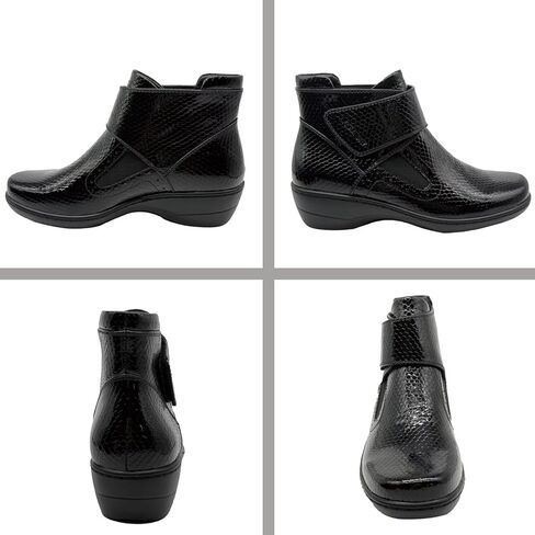 أحذية الكاحل النسائية المسطحة أحذية الكاحل السوداء الأنيقة للنساء من جلد البولي يوريثان الفاخر، شريط فيلكرو قابل للتعديل ومطاط بمقدمة مربعة مستديرة مبطنة من الخلف للدفء، أحذية شتوية عادية وكل يوم in Kuwait