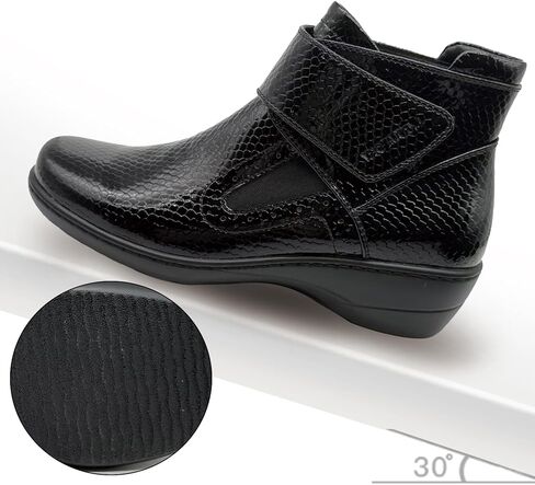 أحذية الكاحل النسائية المسطحة أحذية الكاحل السوداء الأنيقة للنساء من جلد البولي يوريثان الفاخر، شريط فيلكرو قابل للتعديل ومطاط بمقدمة مربعة مستديرة مبطنة من الخلف للدفء، أحذية شتوية عادية وكل يوم in Kuwait