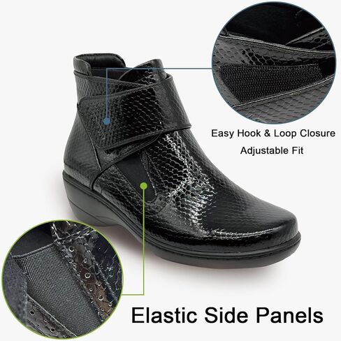 أحذية الكاحل النسائية المسطحة أحذية الكاحل السوداء الأنيقة للنساء من جلد البولي يوريثان الفاخر، شريط فيلكرو قابل للتعديل ومطاط بمقدمة مربعة مستديرة مبطنة من الخلف للدفء، أحذية شتوية عادية وكل يوم in Kuwait