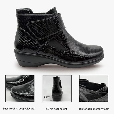 أحذية الكاحل النسائية المسطحة أحذية الكاحل السوداء الأنيقة للنساء من جلد البولي يوريثان الفاخر، شريط فيلكرو قابل للتعديل ومطاط بمقدمة مربعة مستديرة مبطنة من الخلف للدفء، أحذية شتوية عادية وكل يوم in Kuwait
