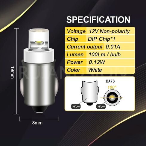 Ruiandsion BA7S 12V White LED Mini Bulbs for Car Instrument Panel Warning Lights, 100LM, 19x8mm in Saudi Arabia