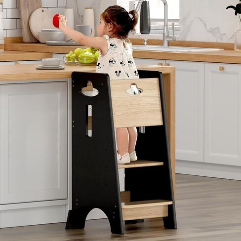 Costyland Toddler Towning Tower Hightable - Super Super Kids Kitch Kitchen Helper - 3 مستويات قابلة للتعديل براز مطبخ خشبي قابلة للتعديل (طبيعي وأبيض) in Kuwait