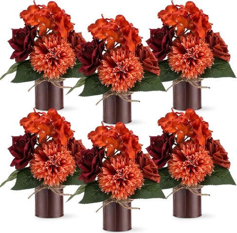 Zeyune 6 مجموعات الخريف زهرة الزفاف الجدول المركزية باقات البرتقال المحروق الاصطناعي مع مزهرية معدنية ريفية زهرة الكوبية وهمية في وعاء ترتيب الزهور لحفل الزفاف ديكور المنزل (لون أنيق) in Kuwait