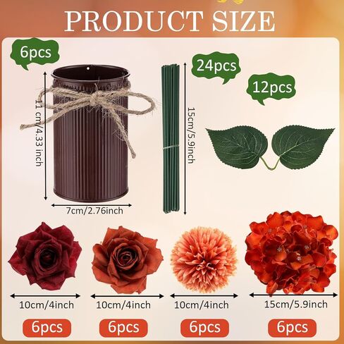 Zeyune 6 مجموعات الخريف زهرة الزفاف الجدول المركزية باقات البرتقال المحروق الاصطناعي مع مزهرية معدنية ريفية زهرة الكوبية وهمية في وعاء ترتيب الزهور لحفل الزفاف ديكور المنزل (لون أنيق) in Kuwait